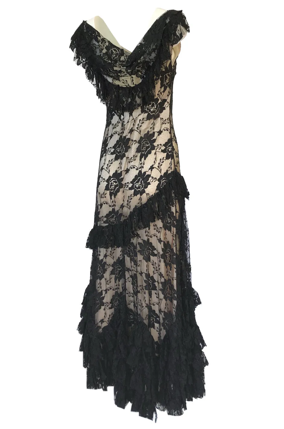 2000s John Galliano Spanish Feeling Tiered Lace Bias Cut Dress