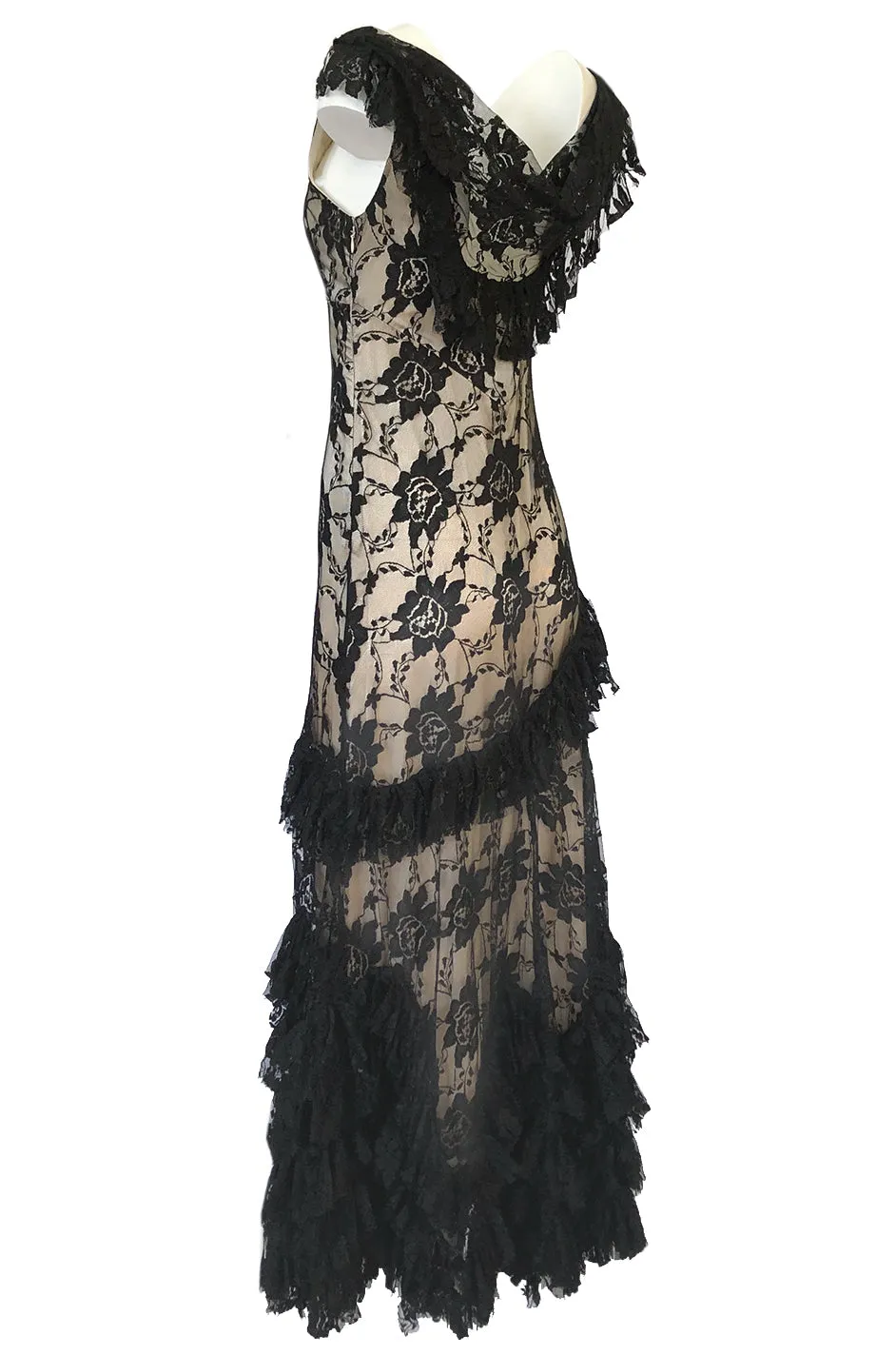 2000s John Galliano Spanish Feeling Tiered Lace Bias Cut Dress