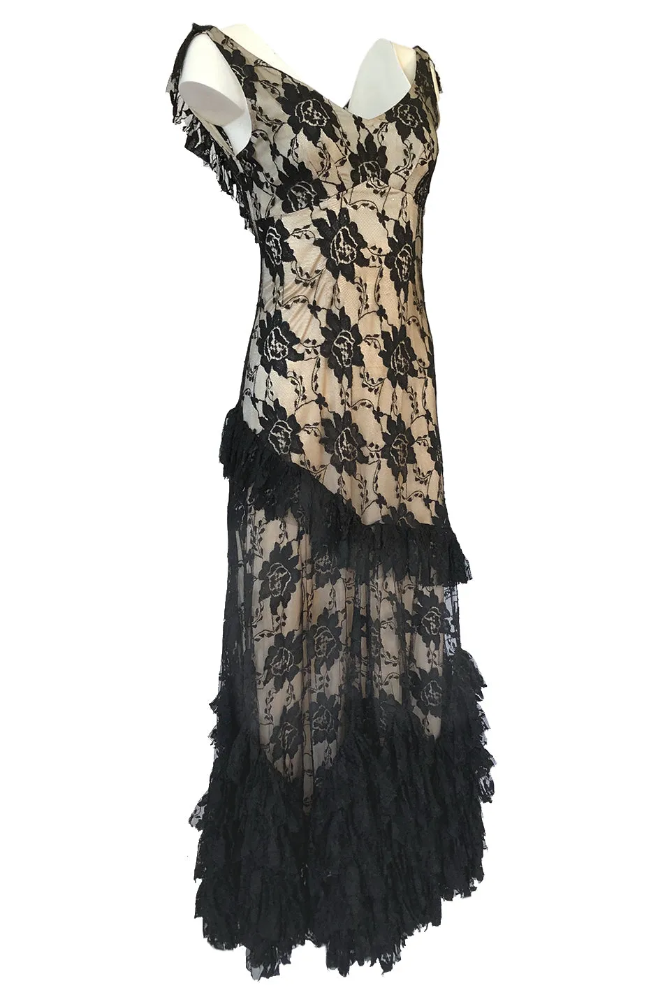 2000s John Galliano Spanish Feeling Tiered Lace Bias Cut Dress