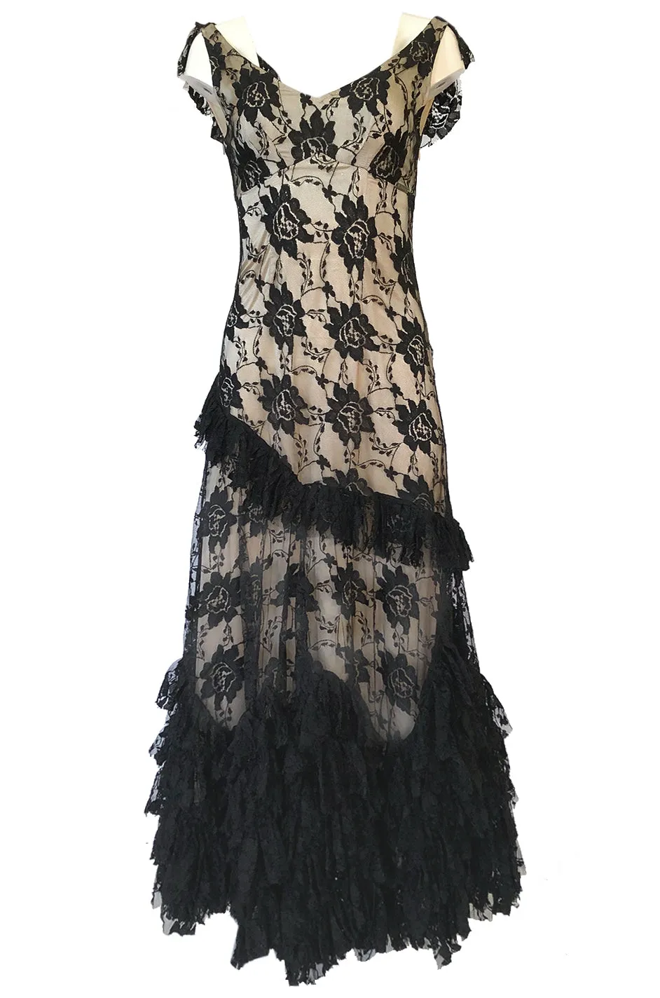 2000s John Galliano Spanish Feeling Tiered Lace Bias Cut Dress