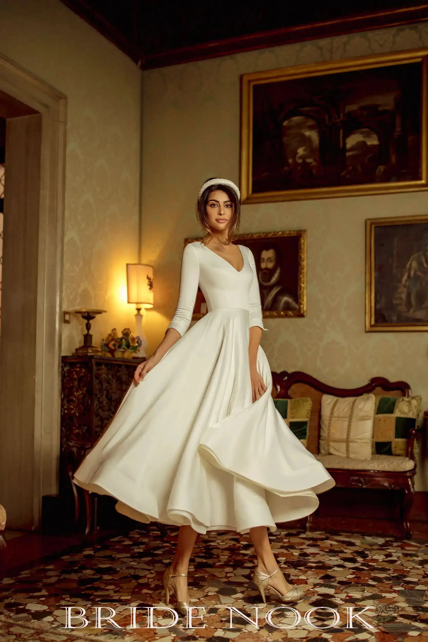 A Line Tea-length Wedding Dress With cover back Modest wedding gowns