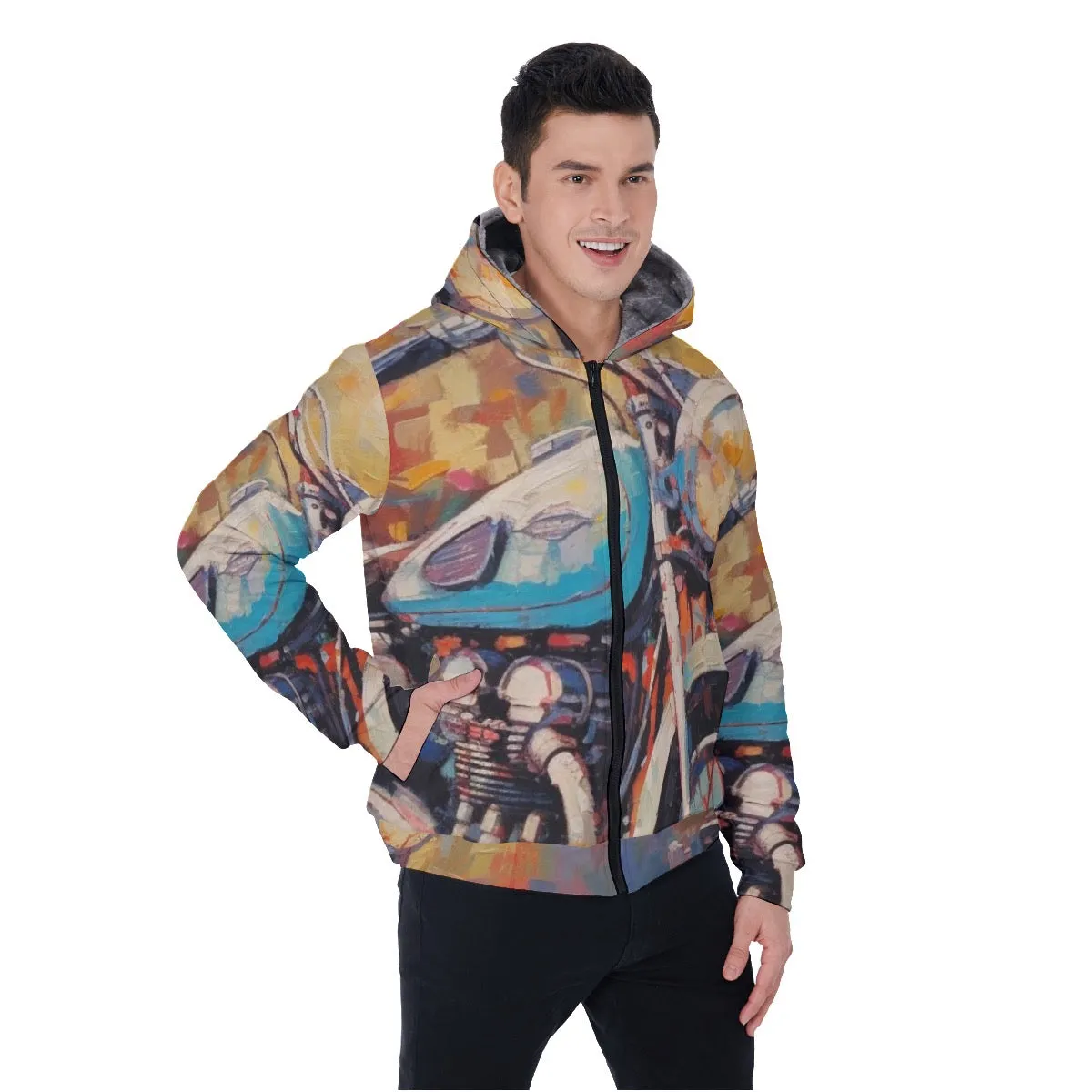 All-Over Print Men's Sherpa Fleece Zip Up Hoodie, abstract, motorcycle print, #25J