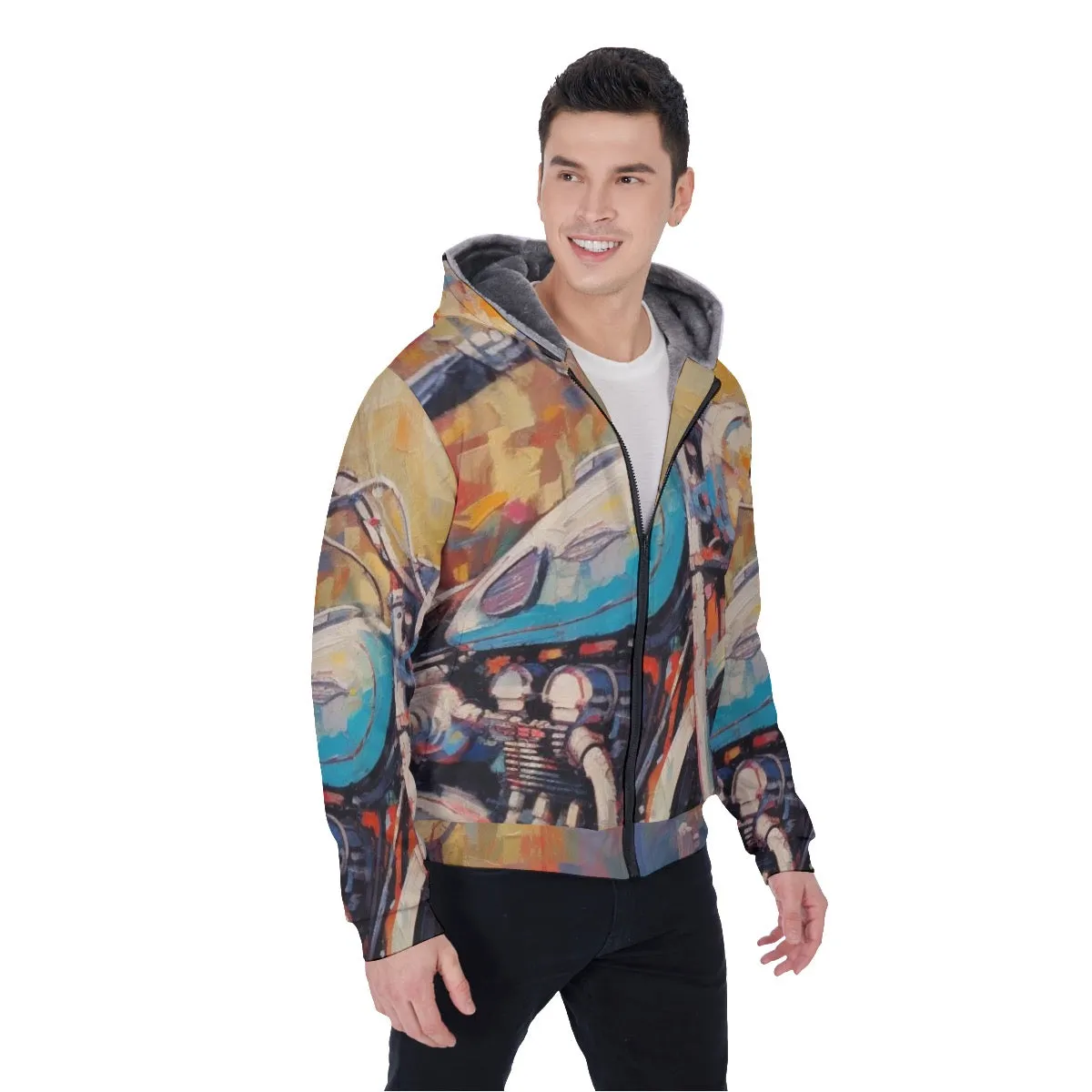 All-Over Print Men's Sherpa Fleece Zip Up Hoodie, abstract, motorcycle print, #25J