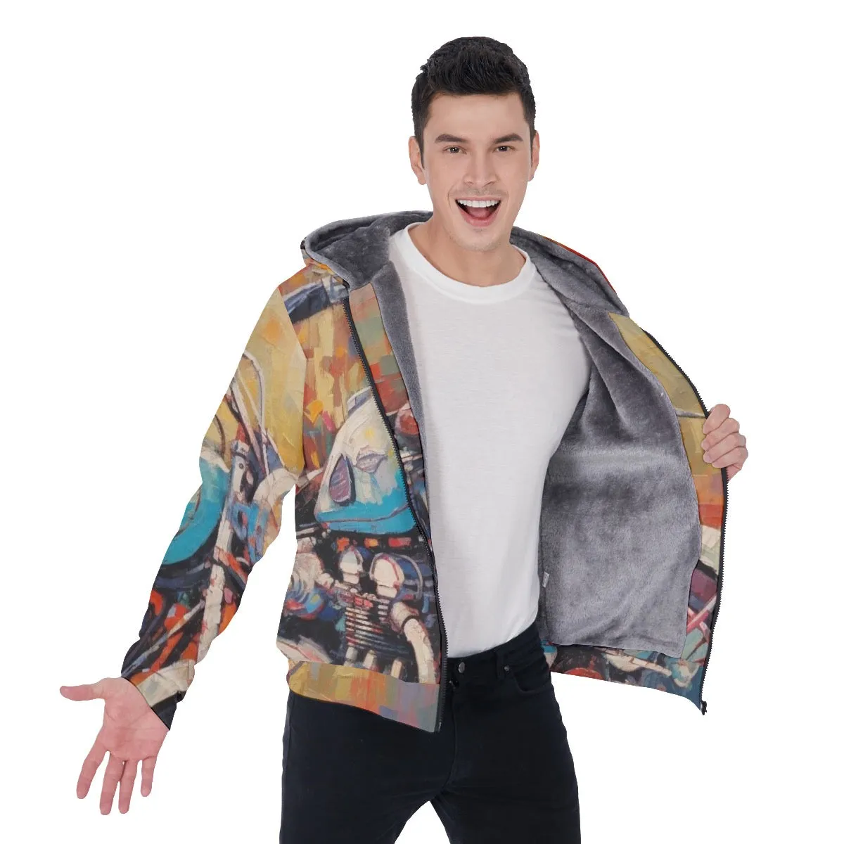 All-Over Print Men's Sherpa Fleece Zip Up Hoodie, abstract, motorcycle print, #25J