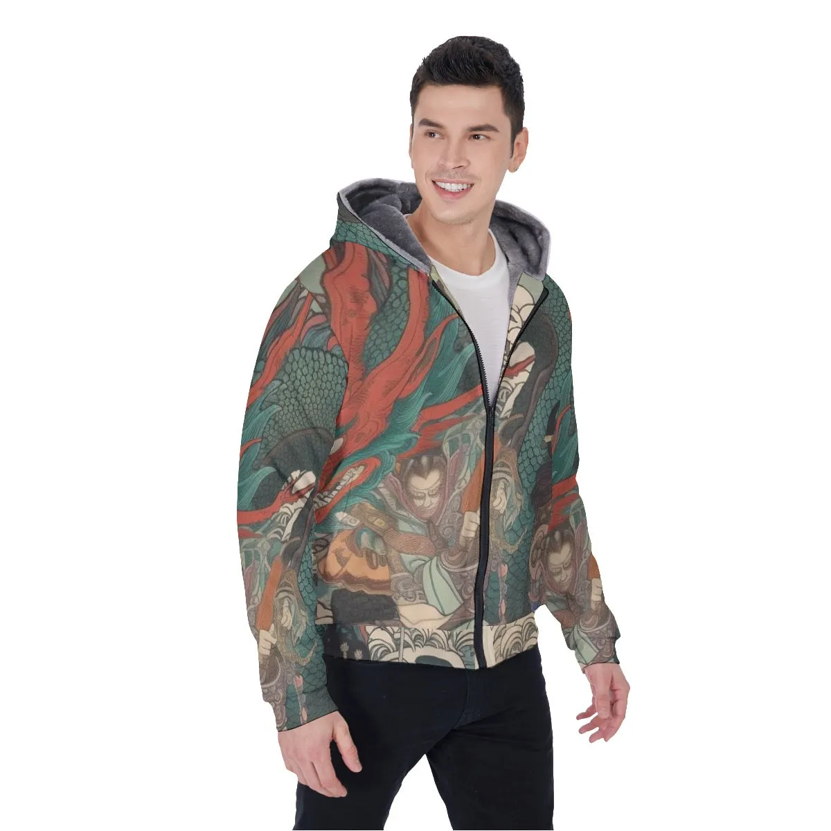 All-Over Print Men's Sherpa Fleece Zip Up Hoodie, Asian themed print, #25W