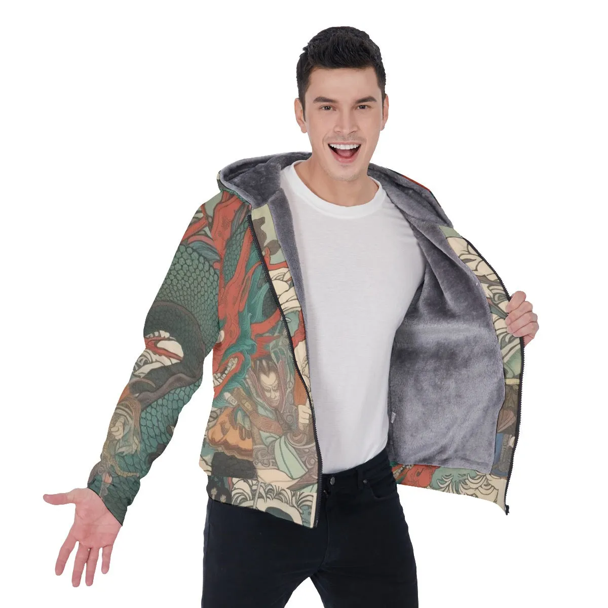 All-Over Print Men's Sherpa Fleece Zip Up Hoodie, Asian themed print, #25W