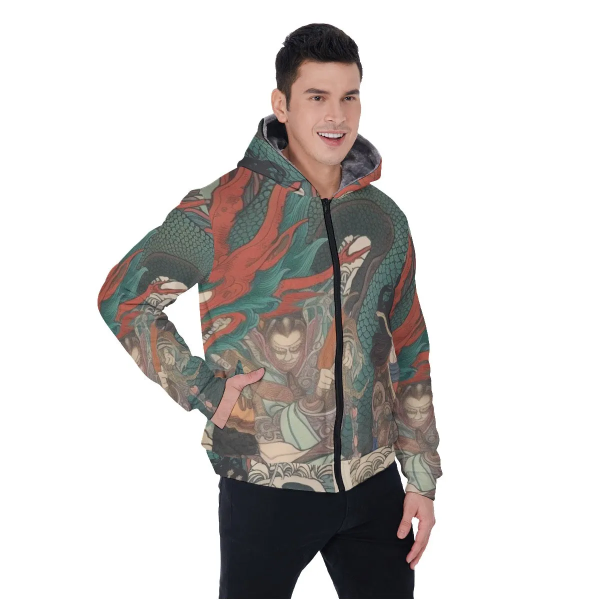 All-Over Print Men's Sherpa Fleece Zip Up Hoodie, Asian themed print, #25W