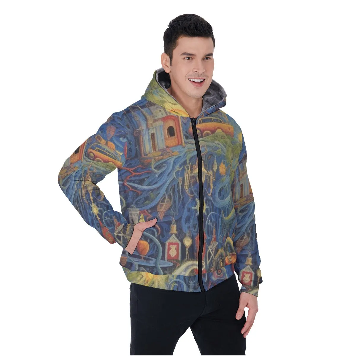 All-Over Print Men's Sherpa Fleece Zip Up Hoodie, blue abstract, print, #25aa3