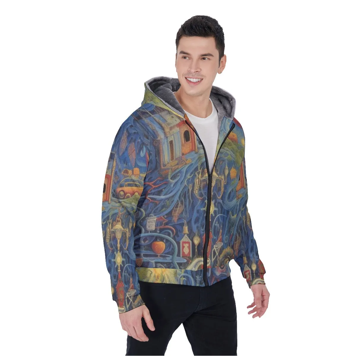 All-Over Print Men's Sherpa Fleece Zip Up Hoodie, blue abstract, print, #25aa3