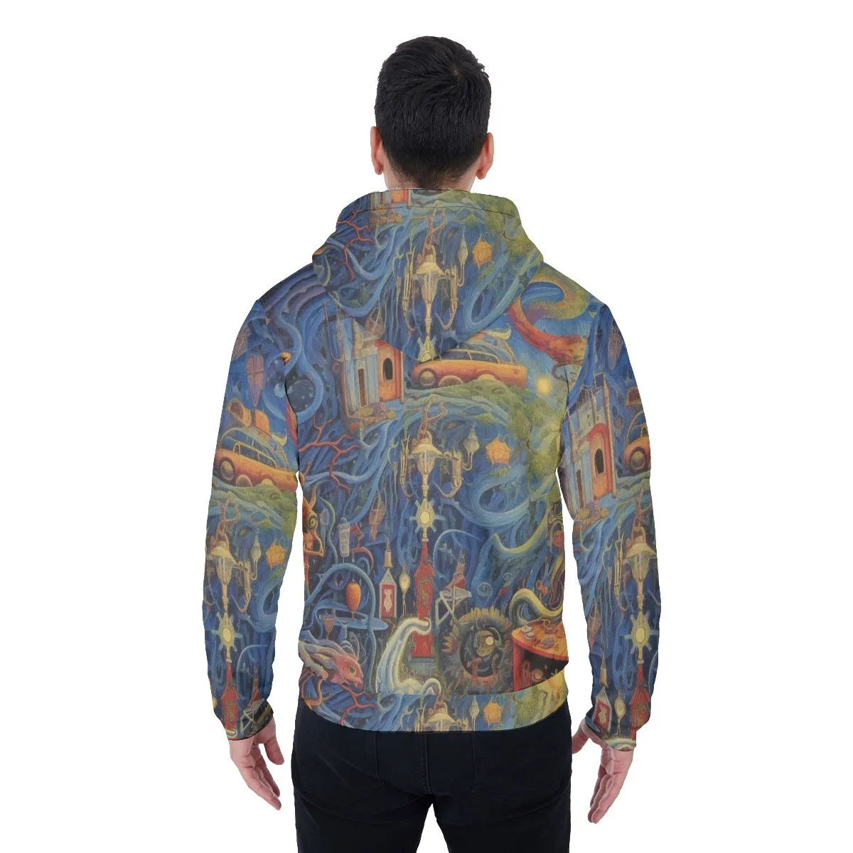 All-Over Print Men's Sherpa Fleece Zip Up Hoodie, blue abstract, print, #25aa3