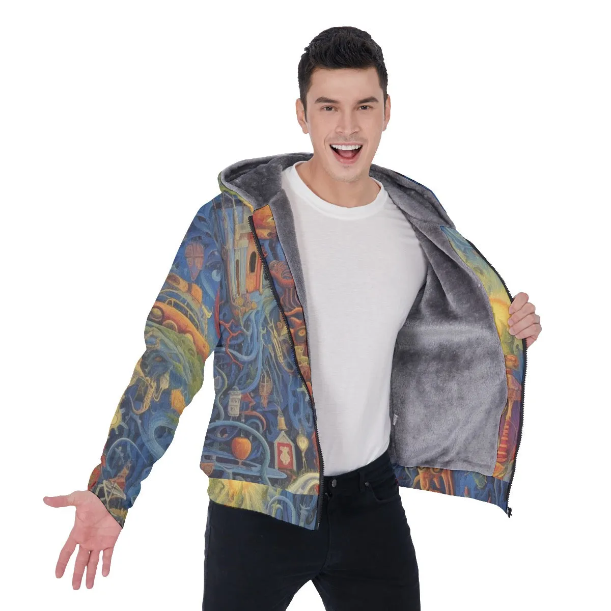 All-Over Print Men's Sherpa Fleece Zip Up Hoodie, blue abstract, print, #25aa3