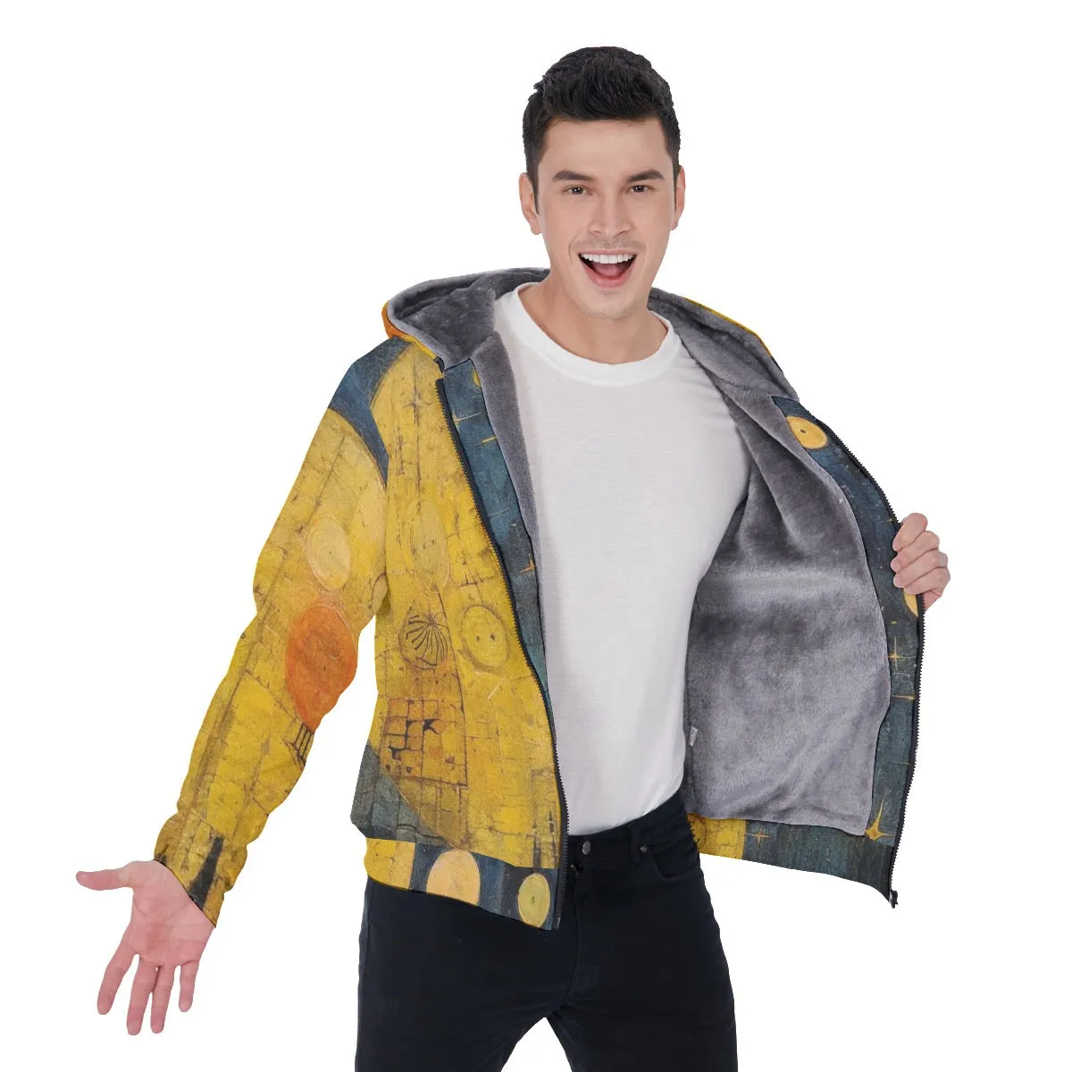 All-Over Print Men's Sherpa Fleece Zip Up Hoodie, blue and yellow abstract, print, #25ff