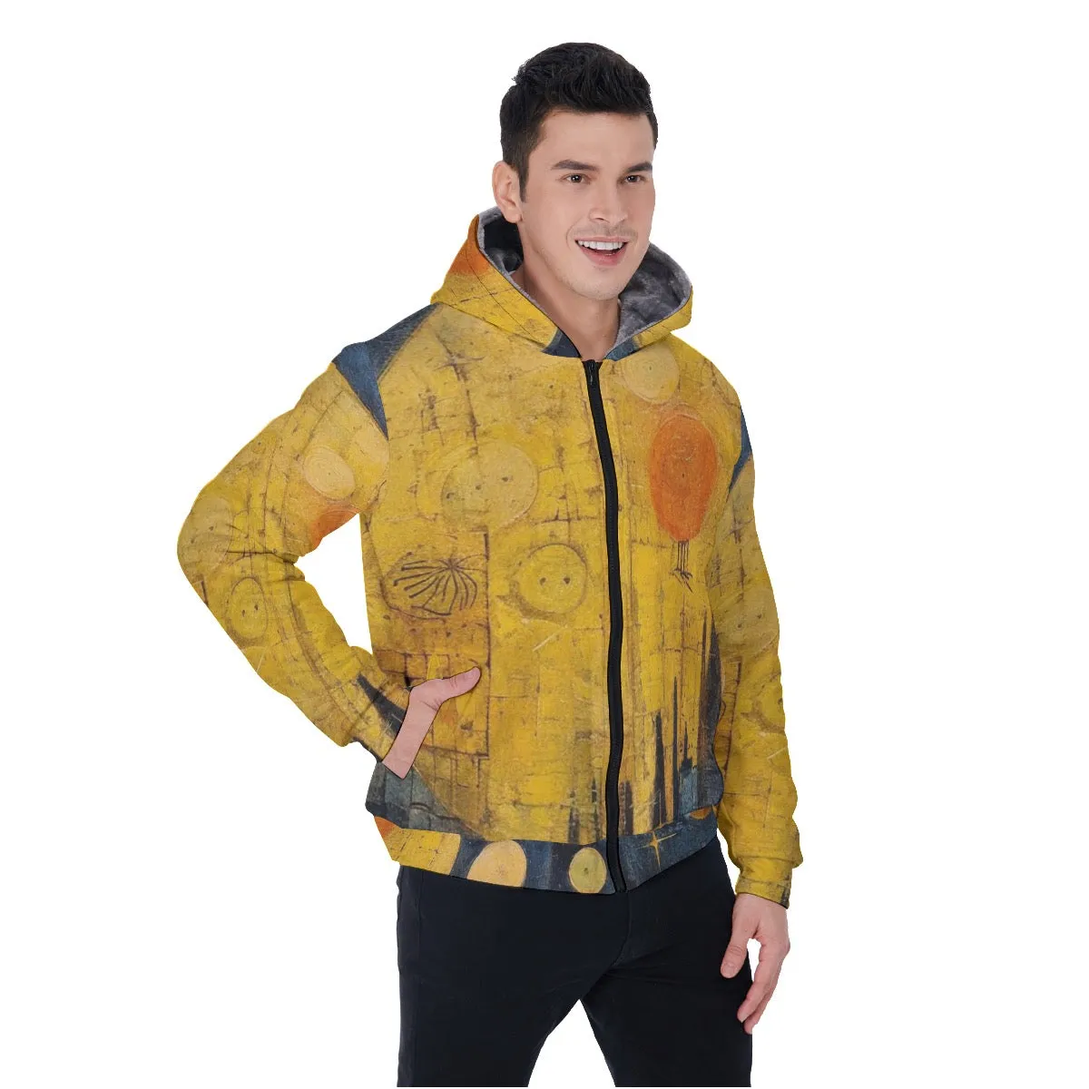 All-Over Print Men's Sherpa Fleece Zip Up Hoodie, blue and yellow abstract, print, #25ff