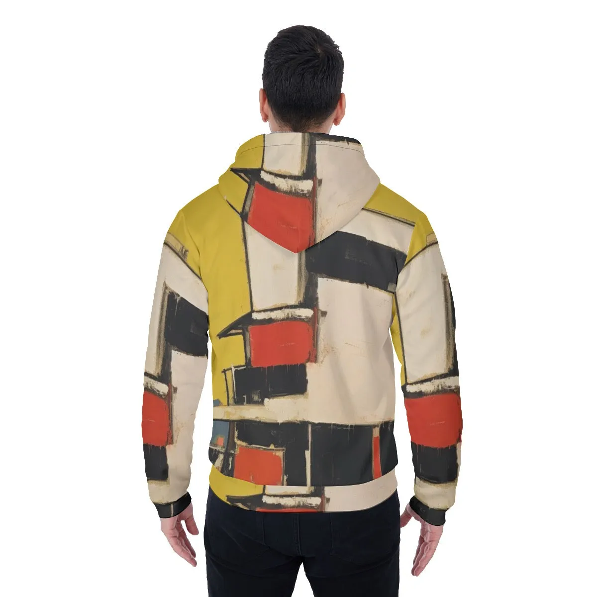 All-Over Print Men's Sherpa Fleece Zip Up Hoodie, boxy abstract in white, red and yellow , black, #25LL