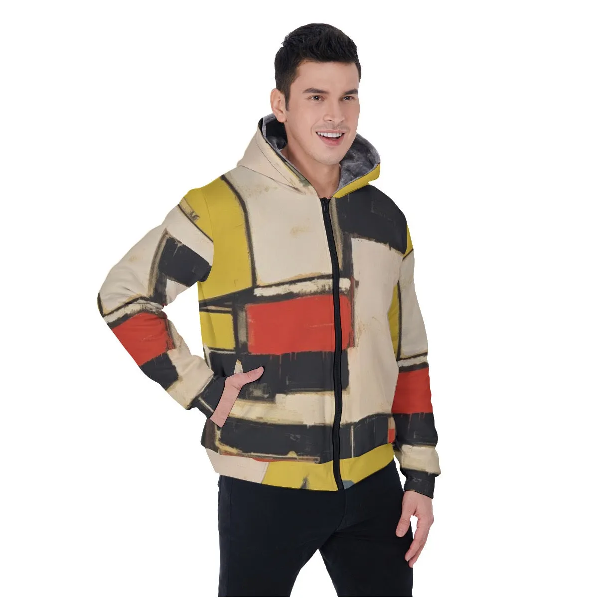 All-Over Print Men's Sherpa Fleece Zip Up Hoodie, boxy abstract in white, red and yellow , black, #25LL