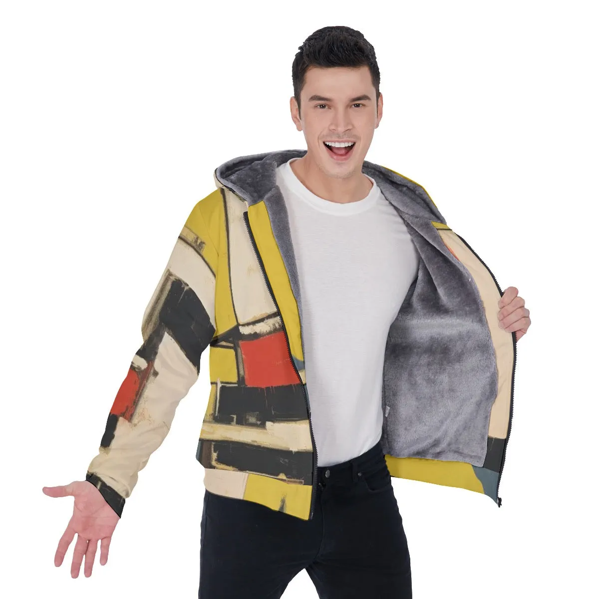 All-Over Print Men's Sherpa Fleece Zip Up Hoodie, boxy abstract in white, red and yellow , black, #25LL