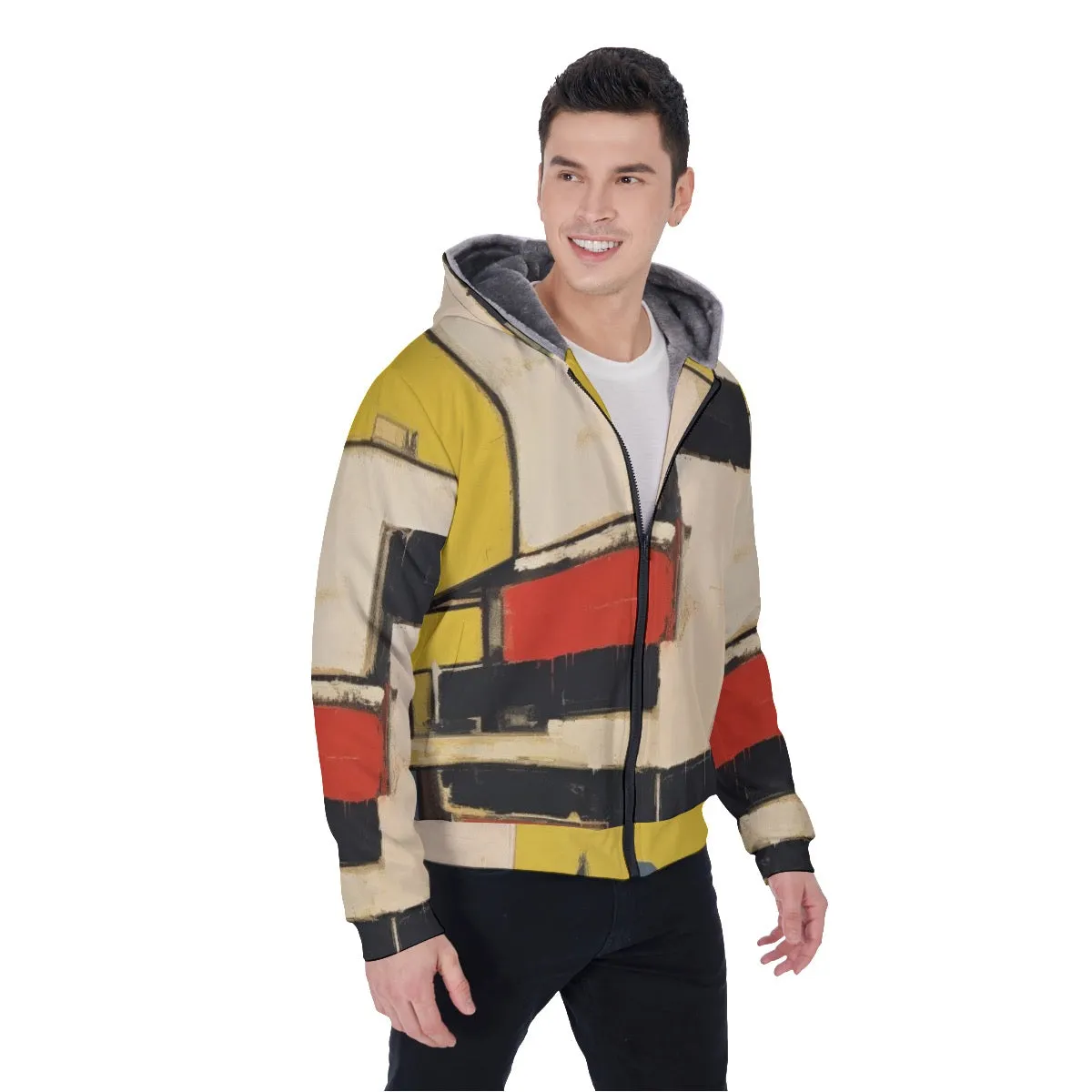 All-Over Print Men's Sherpa Fleece Zip Up Hoodie, boxy abstract in white, red and yellow , black, #25LL