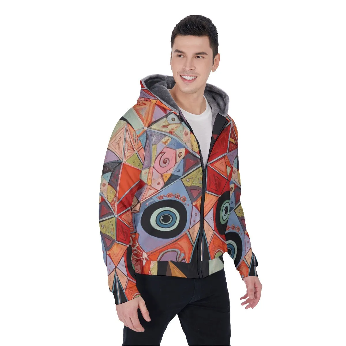 All-Over Print Men's Sherpa Fleece Zip Up Hoodie, reds with multi colors abstract print, #25,SS