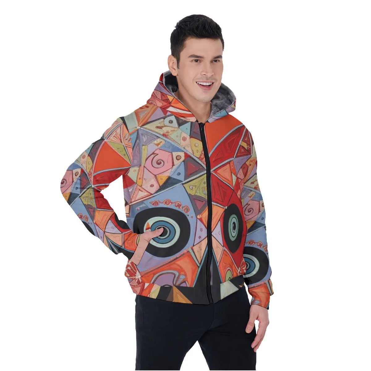 All-Over Print Men's Sherpa Fleece Zip Up Hoodie, reds with multi colors abstract print, #25,SS