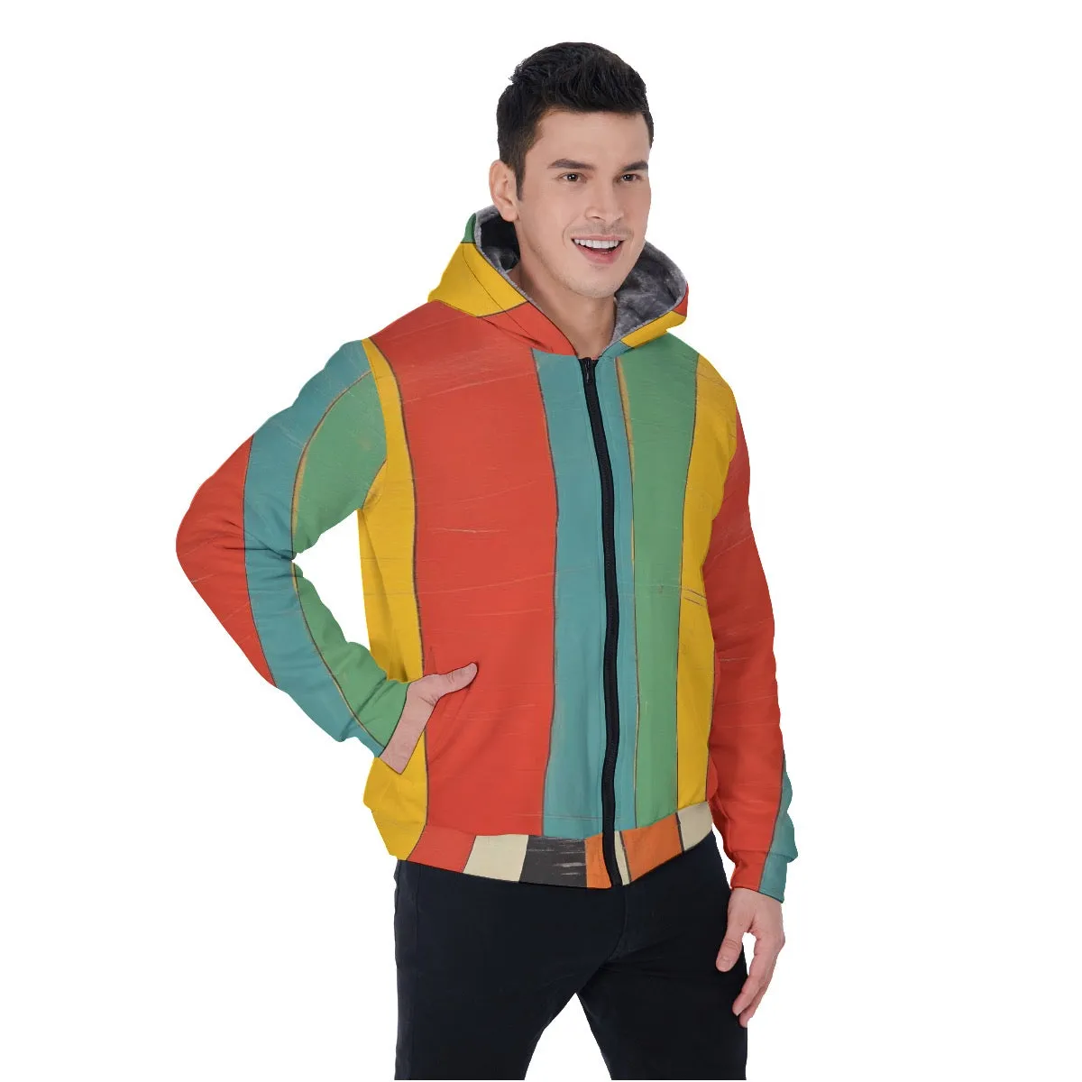 All-Over Print Men's Sherpa Fleece Zip Up Hoodie, striped , blue, yellow, red, green print,#25L