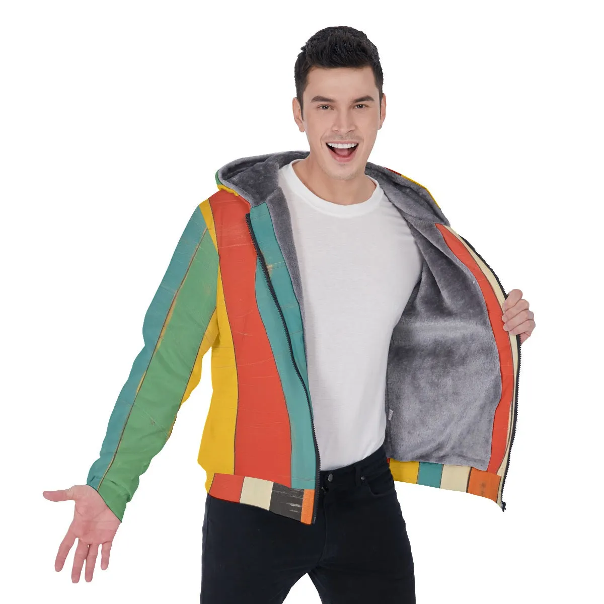 All-Over Print Men's Sherpa Fleece Zip Up Hoodie, striped , blue, yellow, red, green print,#25L