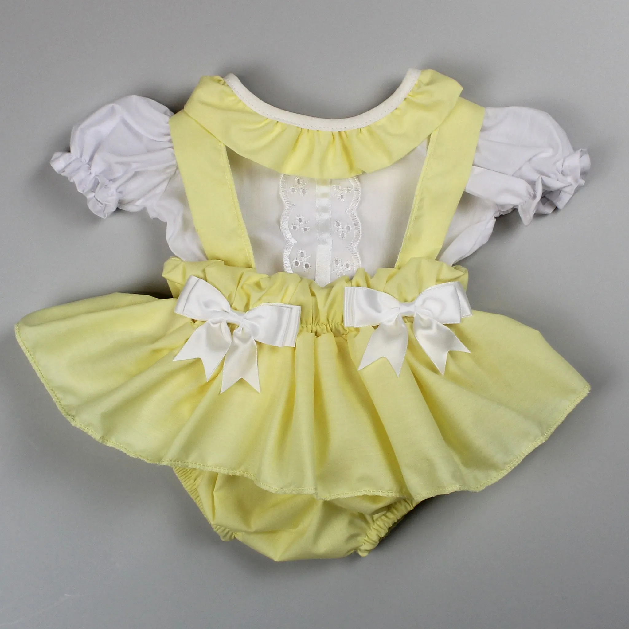 Baby Girls Summer Set - Frilly Pants with Braces and Shirt - Lemon