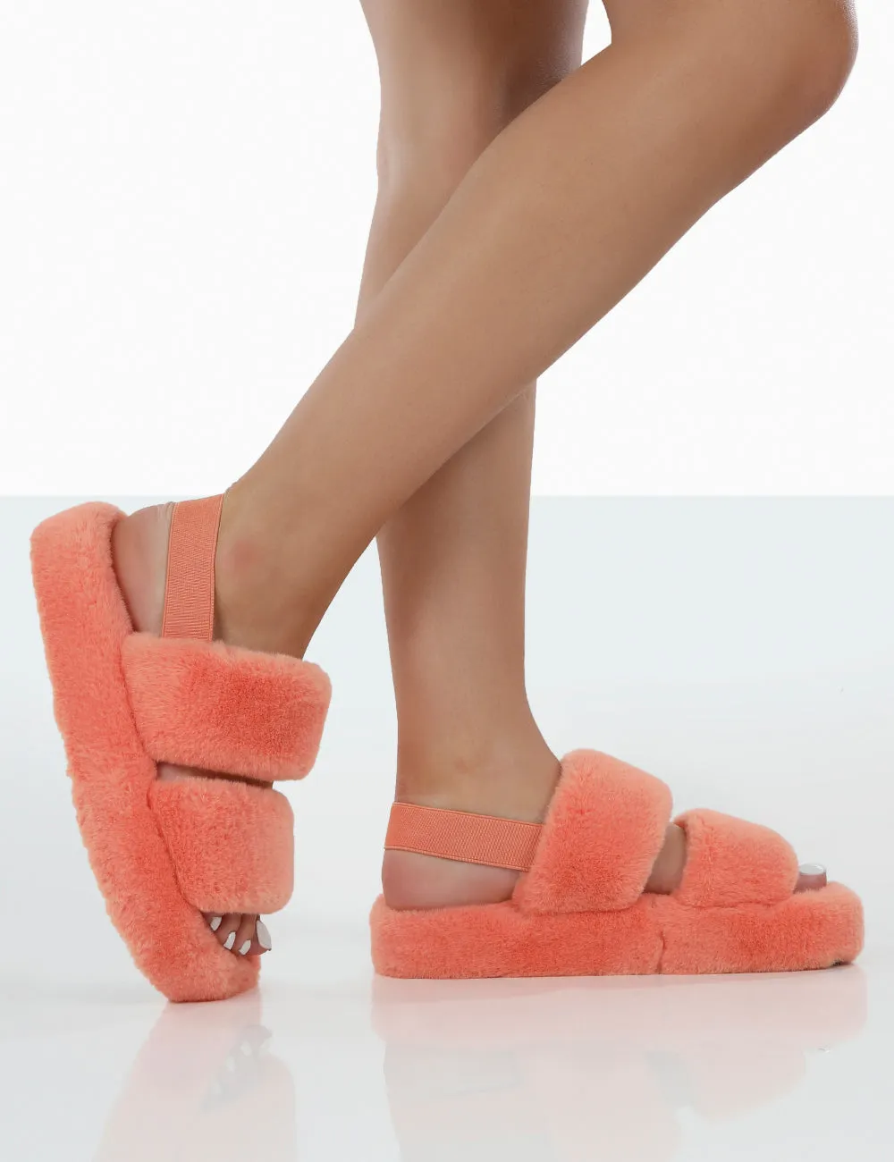 Bed Time Orange Faux Fur Fluffy Strappy Slingback Slippers