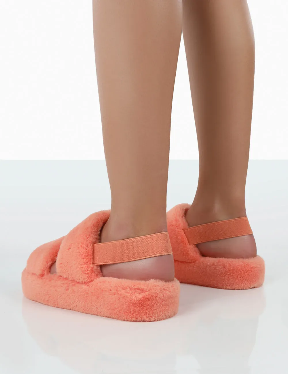 Bed Time Orange Faux Fur Fluffy Strappy Slingback Slippers