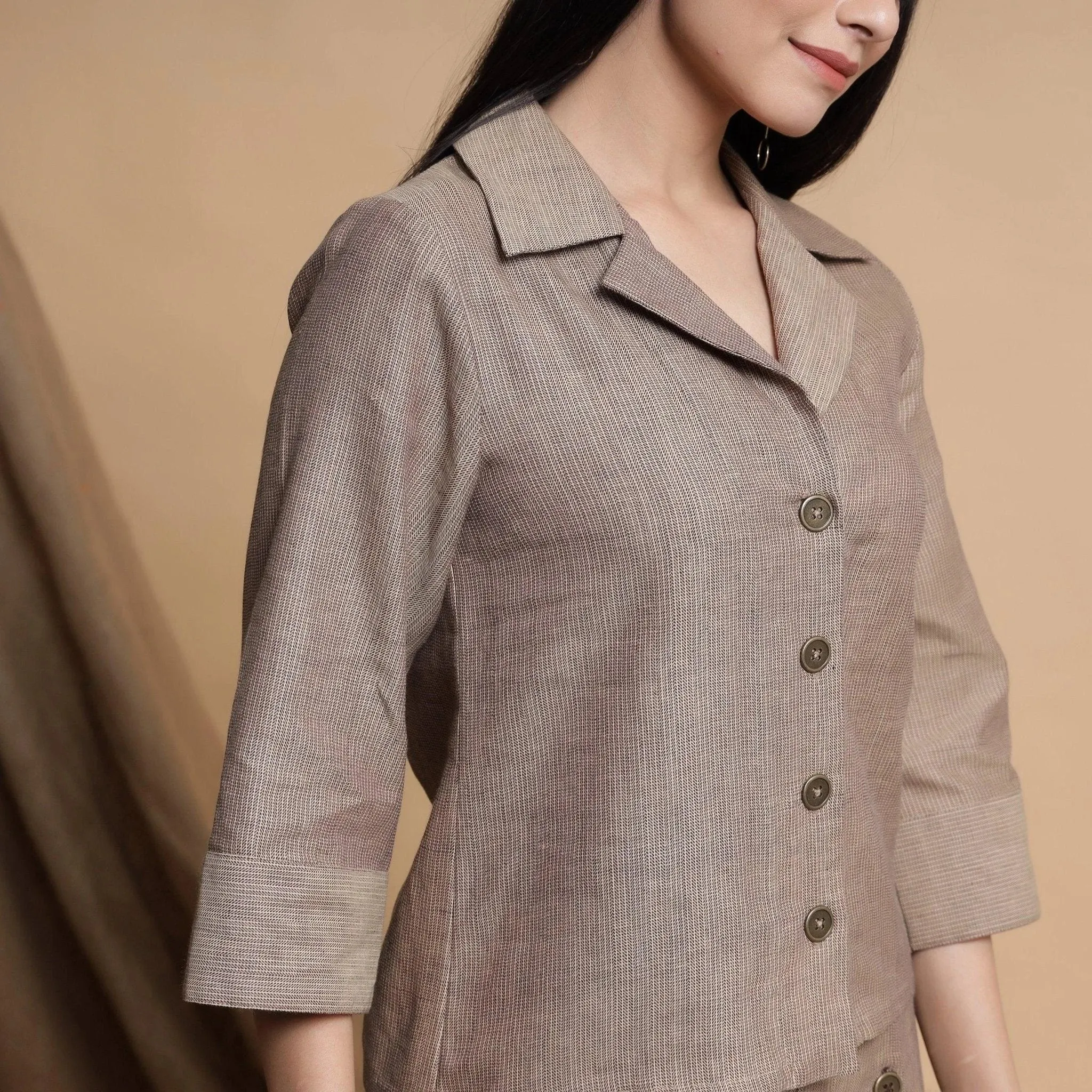 Beige Cotton Notched Collar Button-Down Shirt