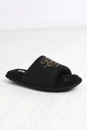 BLACK FAUX FUR EMBROIDERED OPEN TOE SLIPPERS