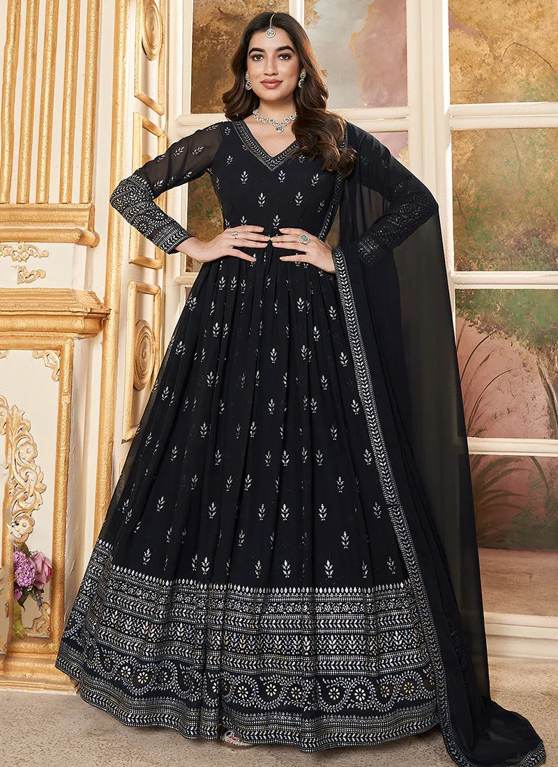 Black Metallic Foil Work Embellished Anarkali Gown And Dupatta