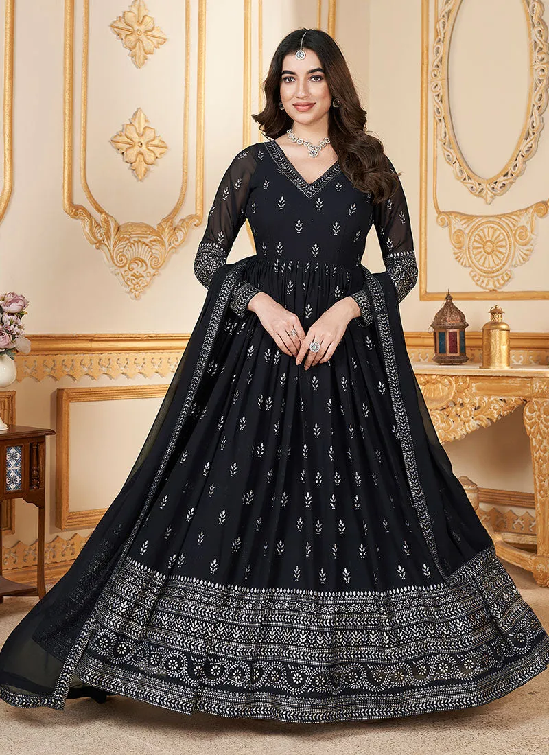 Black Metallic Foil Work Embellished Anarkali Gown And Dupatta