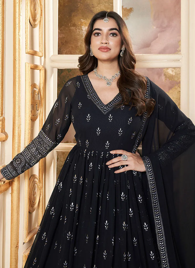 Black Metallic Foil Work Embellished Anarkali Gown And Dupatta