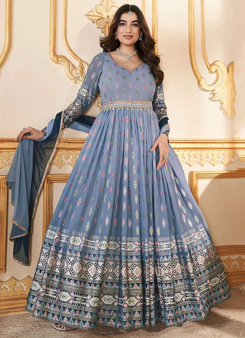 Blue Metallic Foil Work Embellished Anarkali Gown And Dupatta