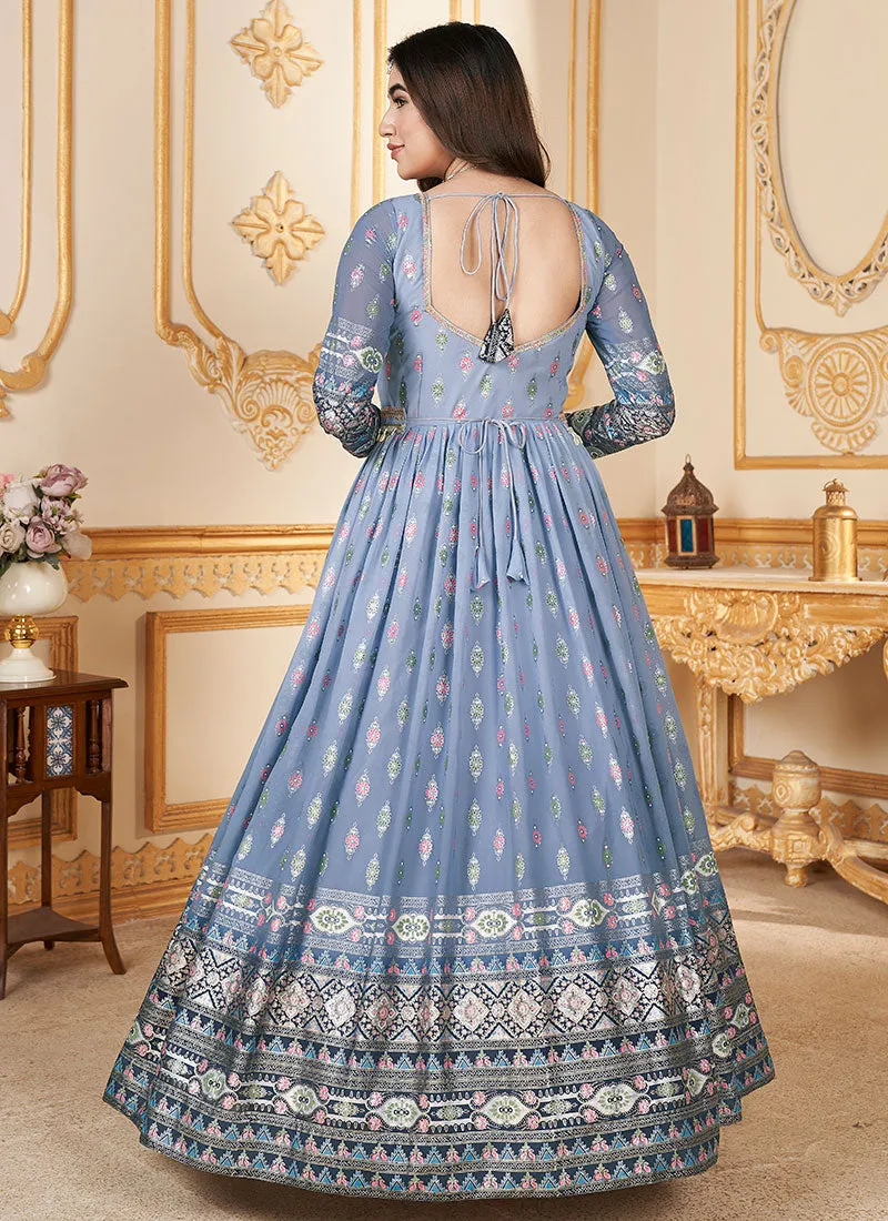 Blue Metallic Foil Work Embellished Anarkali Gown And Dupatta