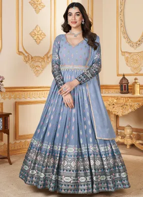 Blue Metallic Foil Work Embellished Anarkali Gown And Dupatta