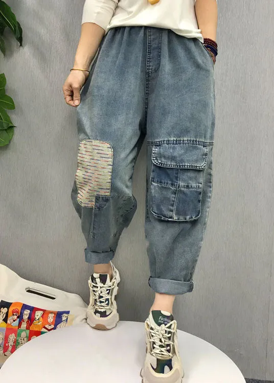 Bohemian Blue elastic waist patch applique denim Pants