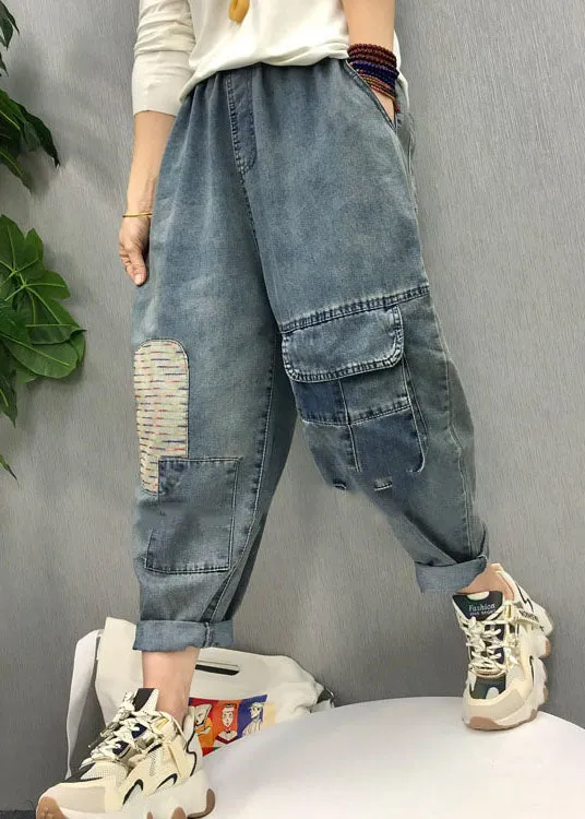 Bohemian Blue elastic waist patch applique denim Pants