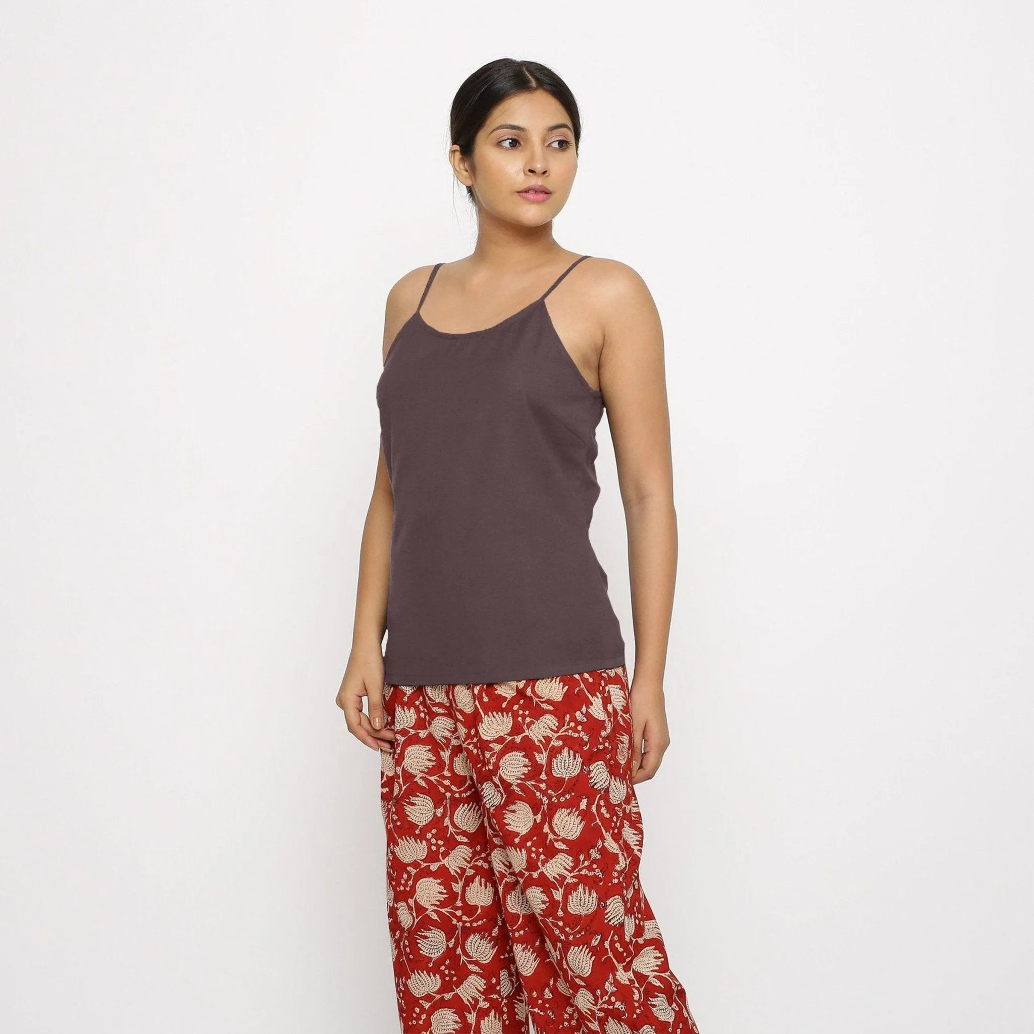 Brown Cotton Flax Relaxed Fit Spaghetti Top