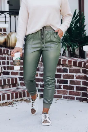 Cadence Faux Leather Joggers - Moss Green