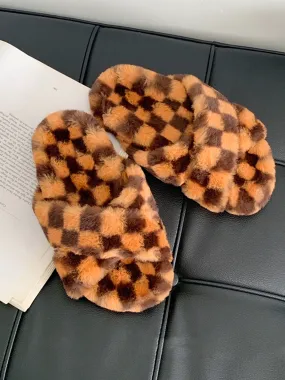 Checkerboard Print Plush Slippers -Orange