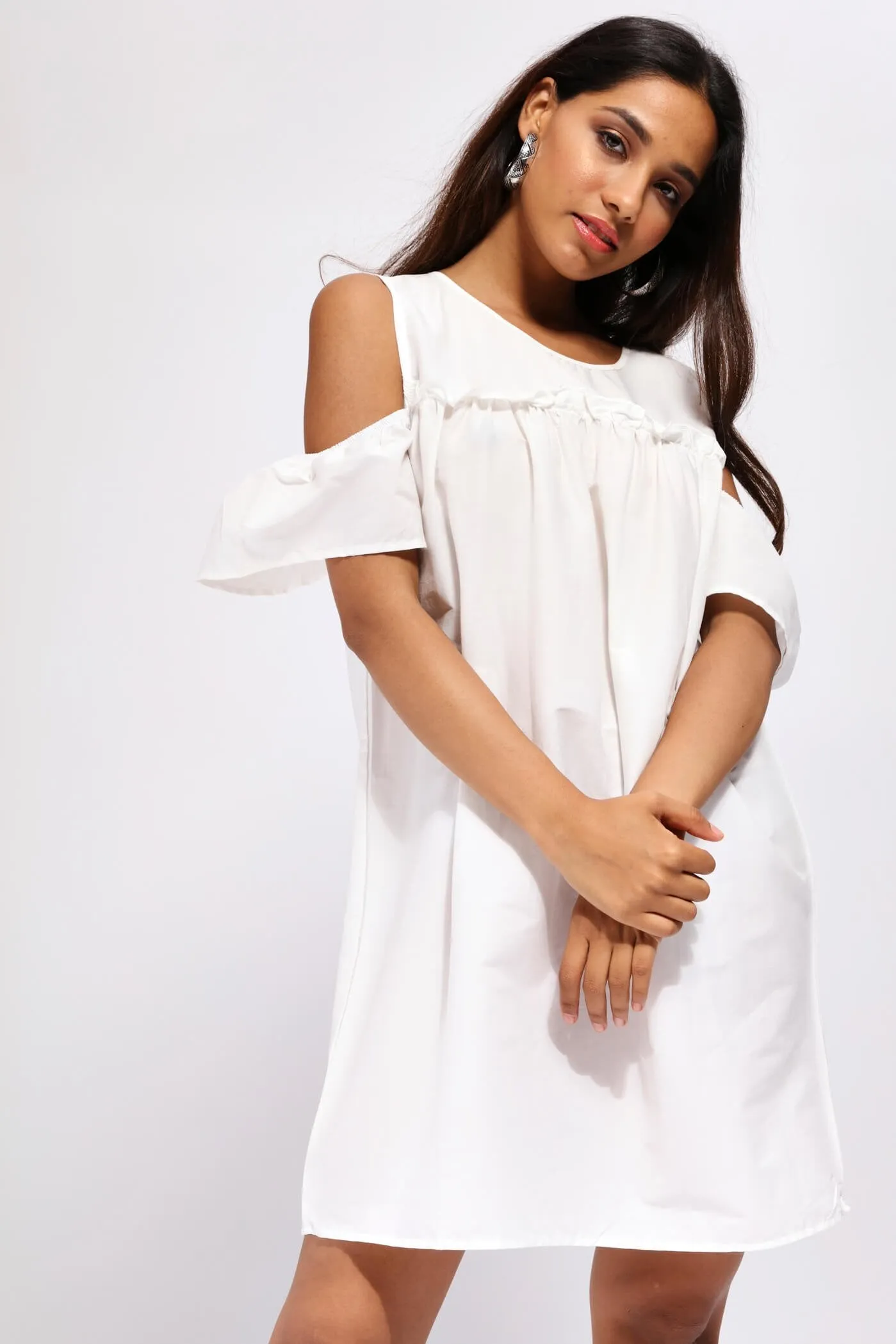 Cream Cold Shoulder Frilly Dress