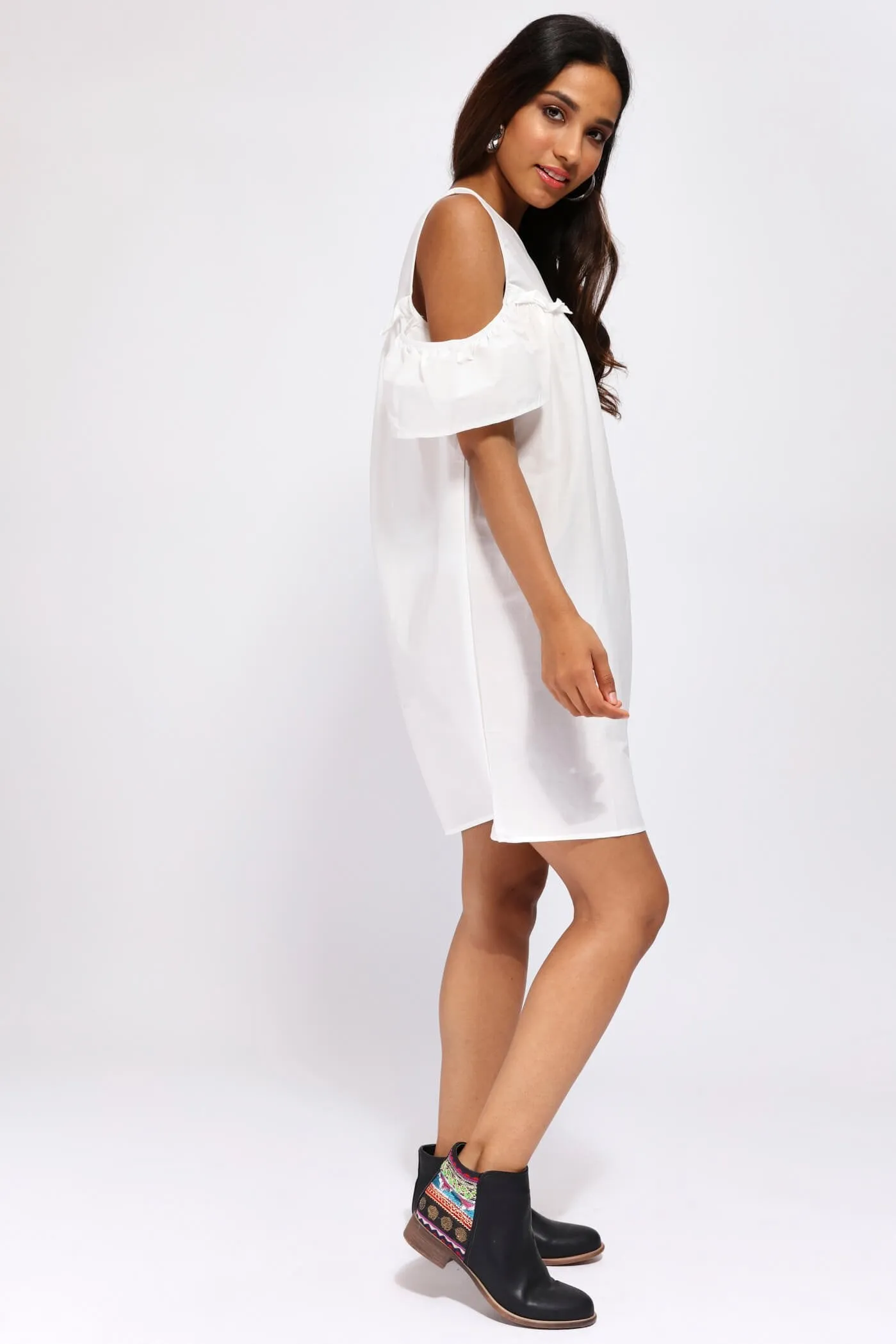 Cream Cold Shoulder Frilly Dress