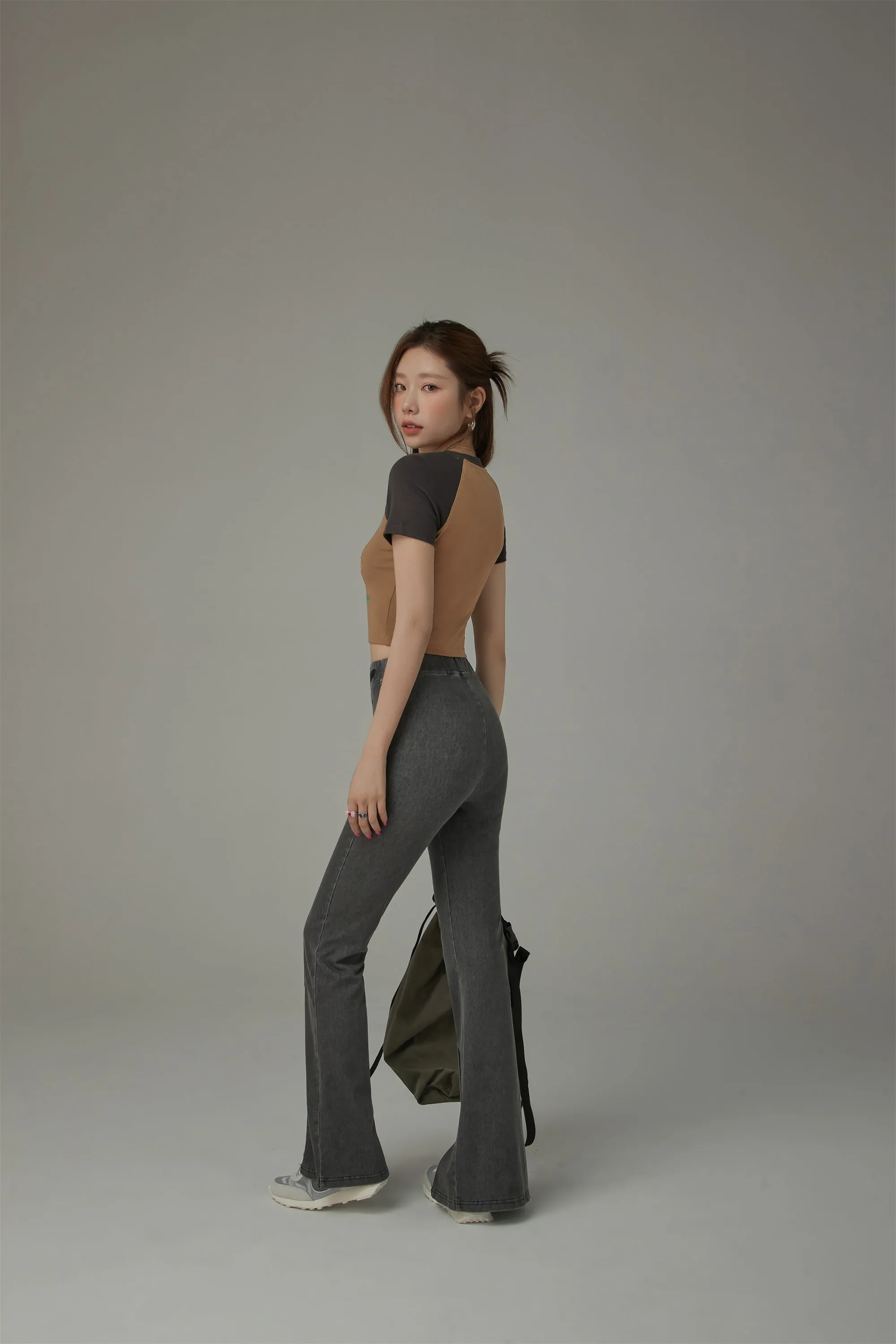 Elastic Waist Slit Semi Bootcut Pants