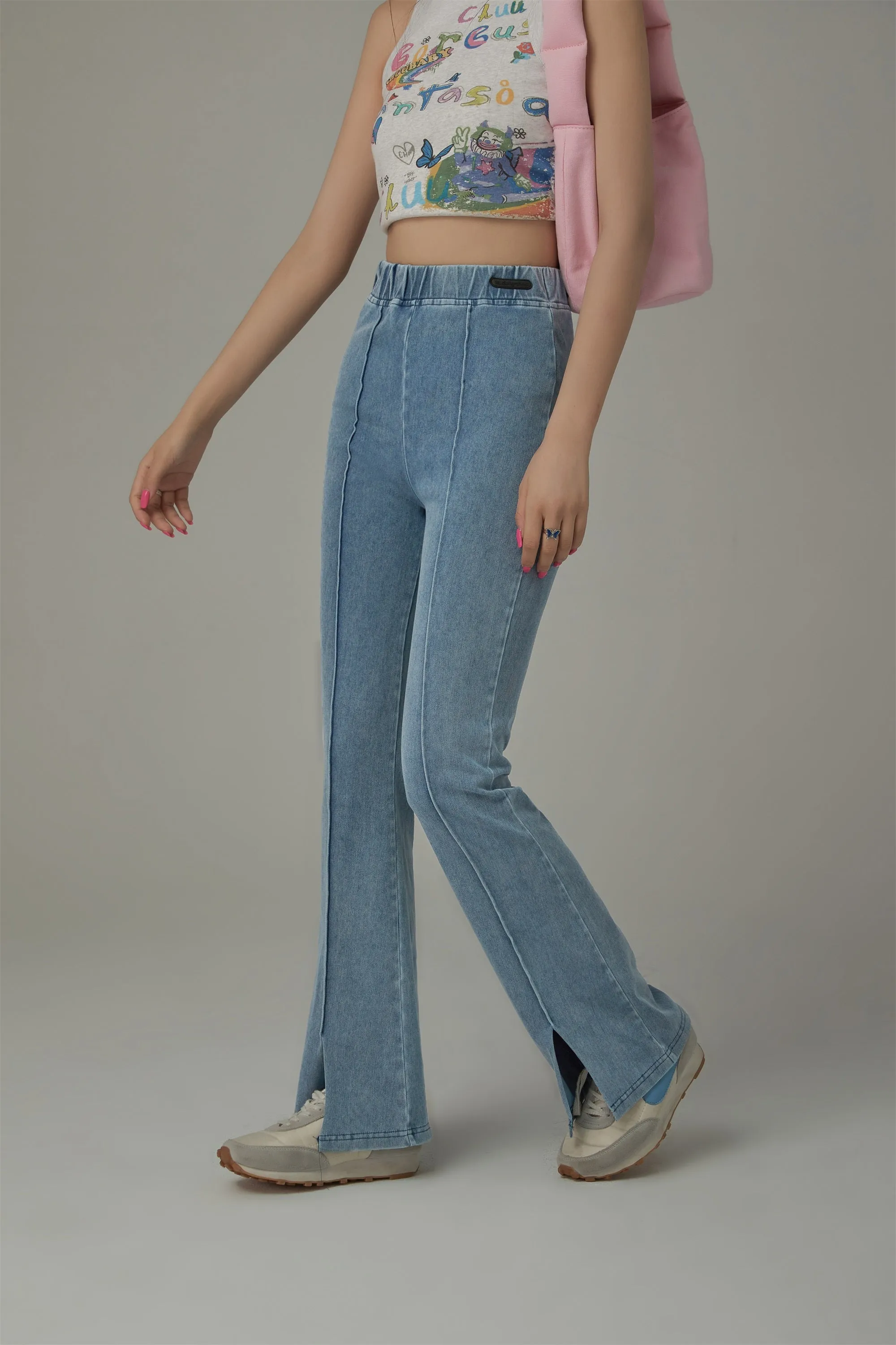 Elastic Waist Slit Semi Bootcut Pants