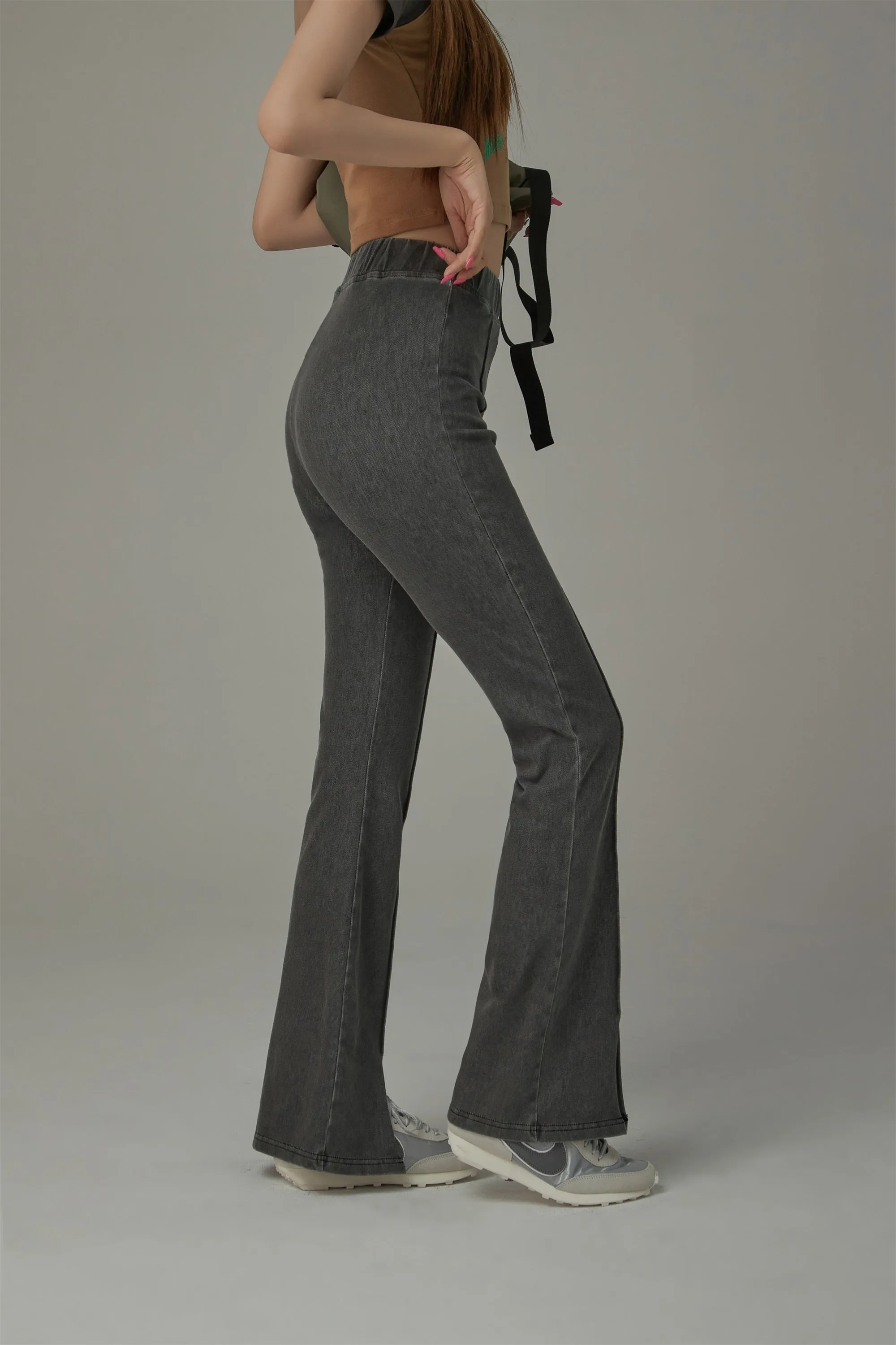 Elastic Waist Slit Semi Bootcut Pants