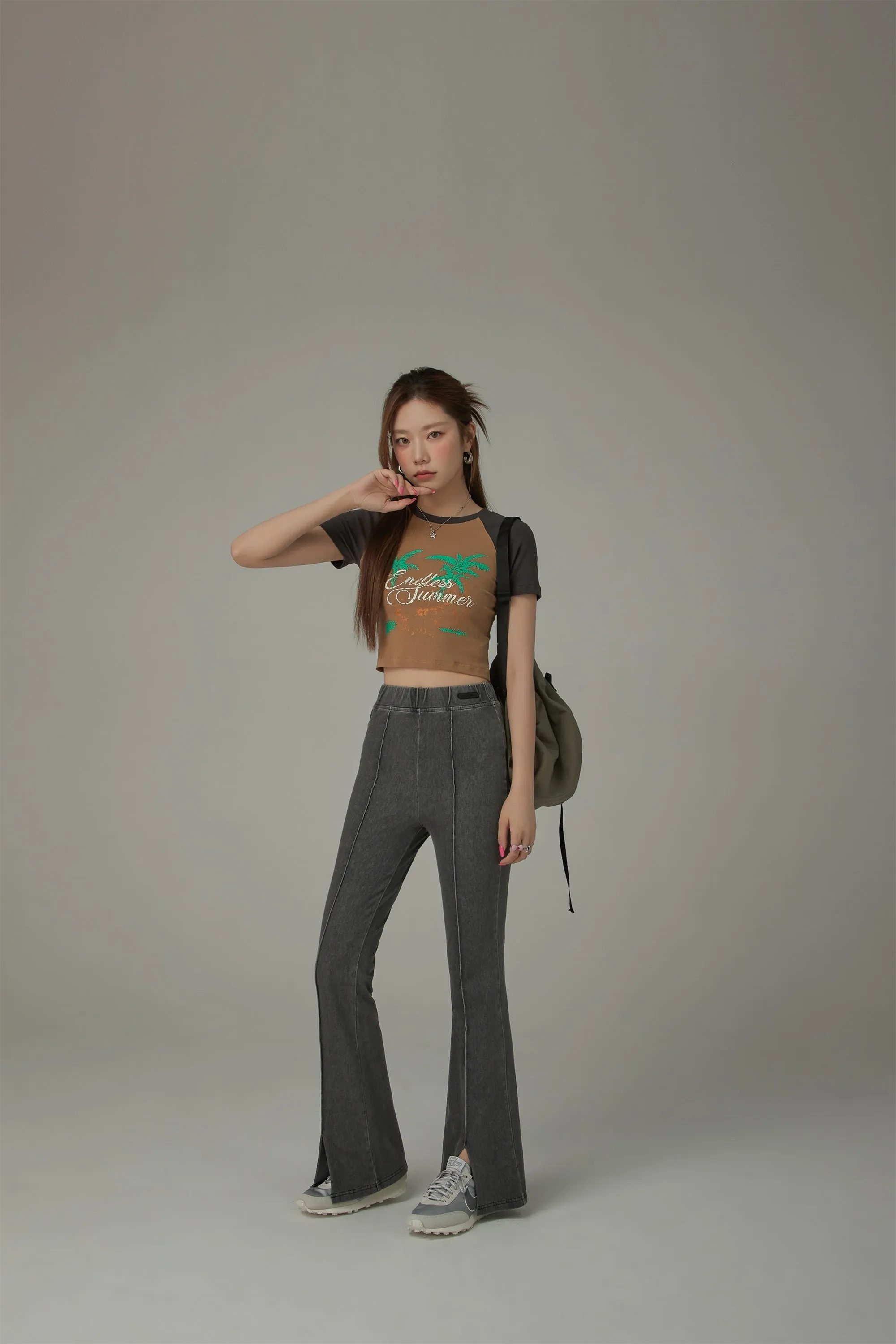 Elastic Waist Slit Semi Bootcut Pants