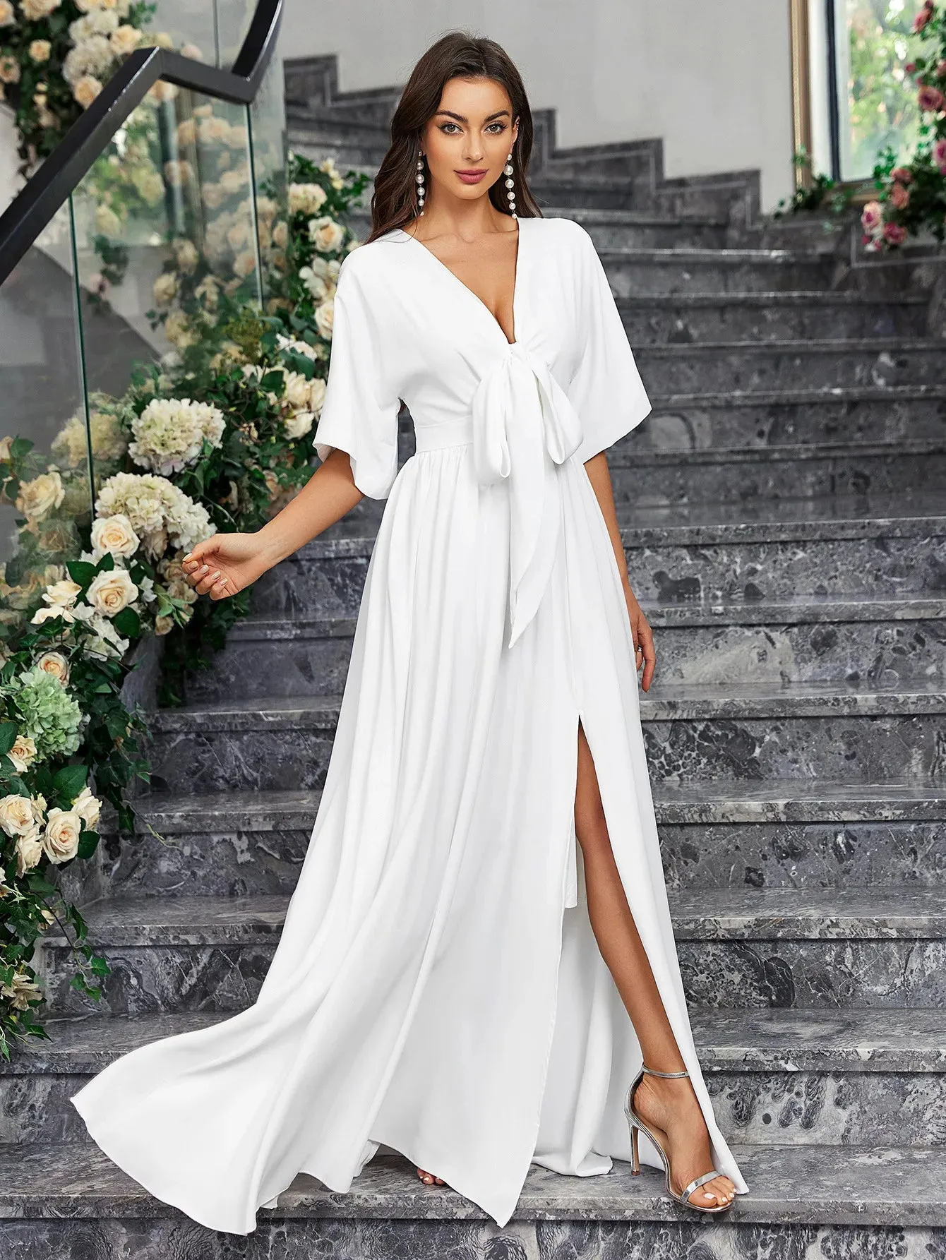 Elegant Brides Satin Slit Gown for Weddings