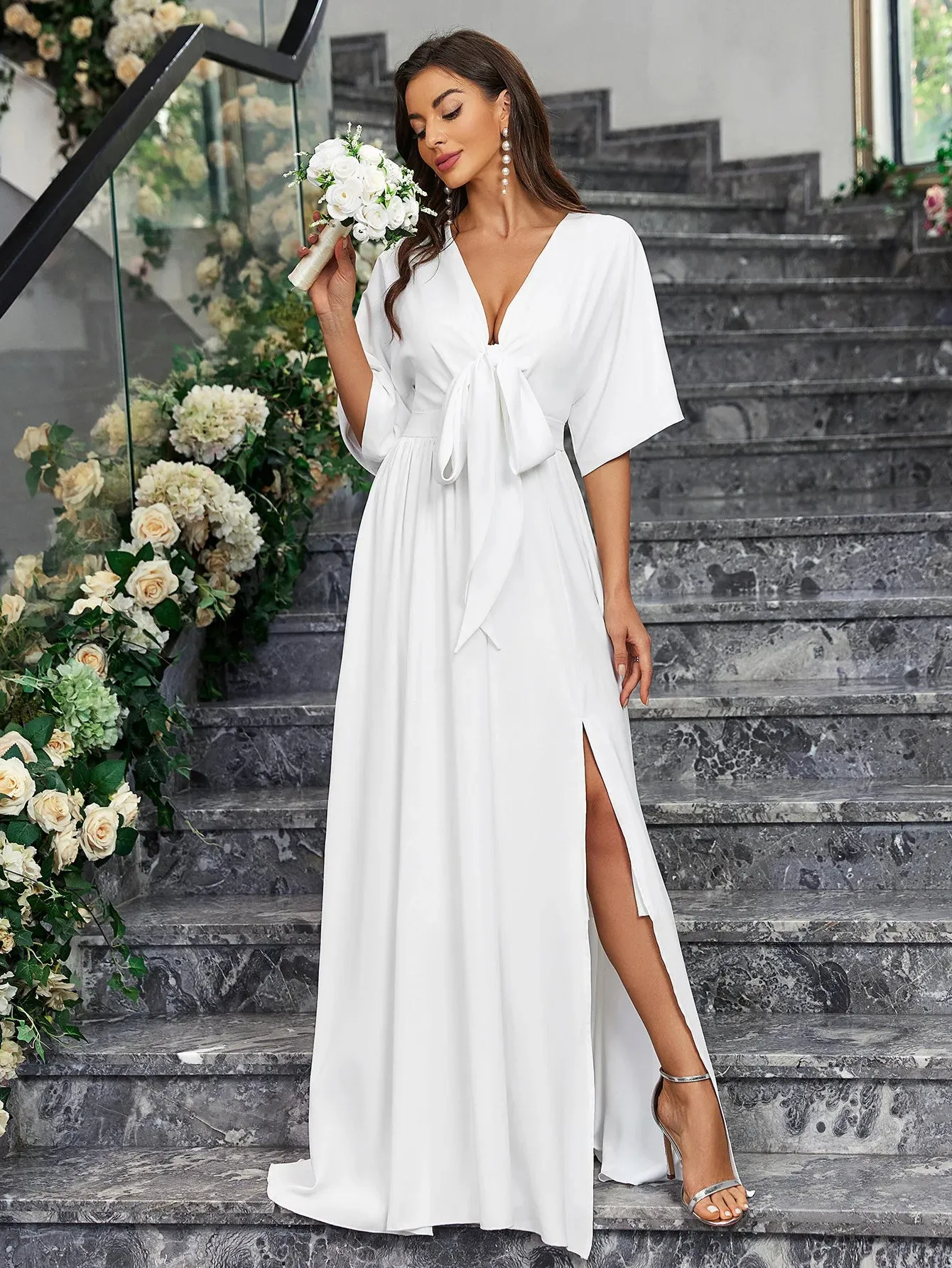 Elegant Brides Satin Slit Gown for Weddings