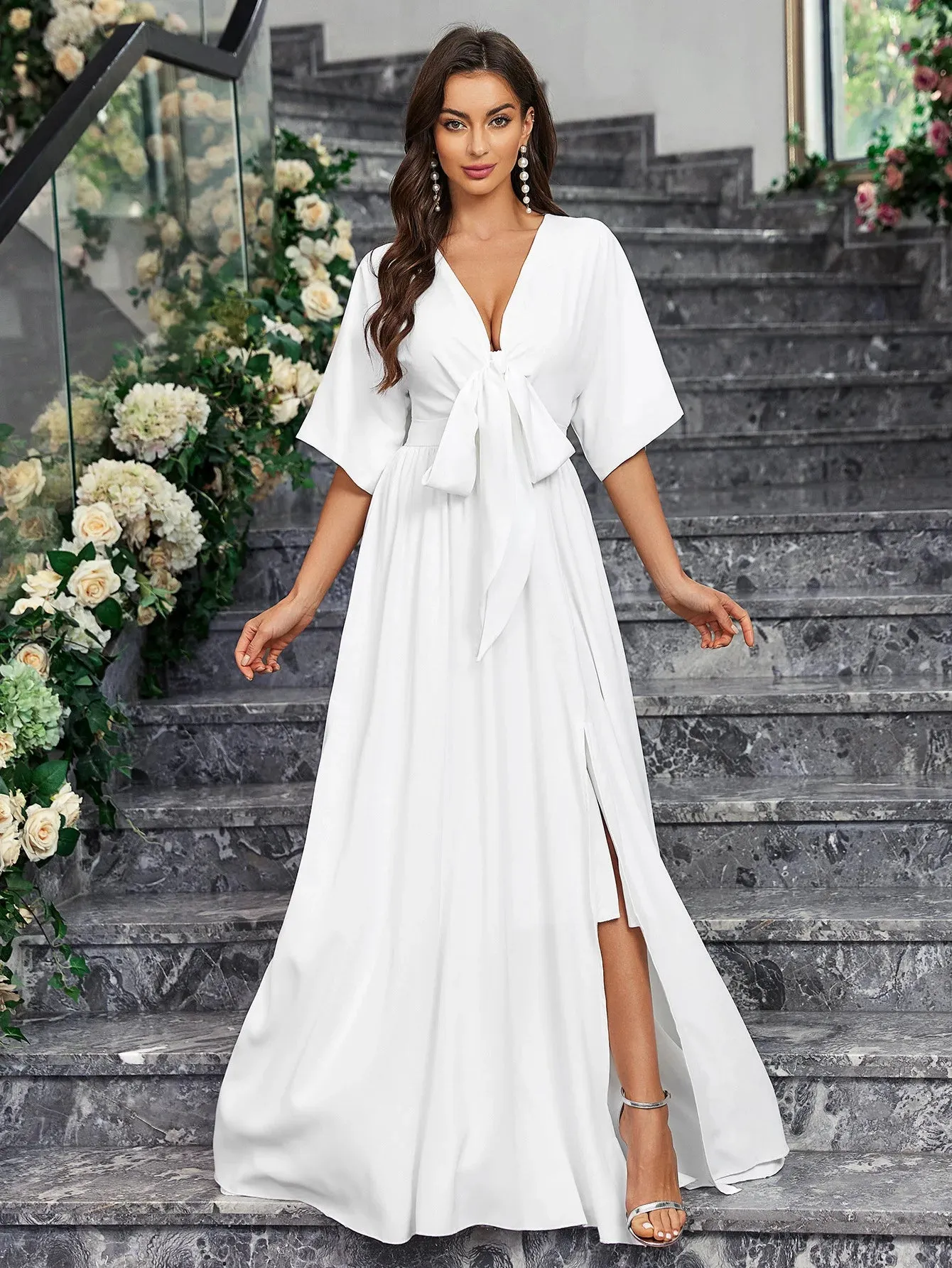 Elegant Brides Satin Slit Gown for Weddings